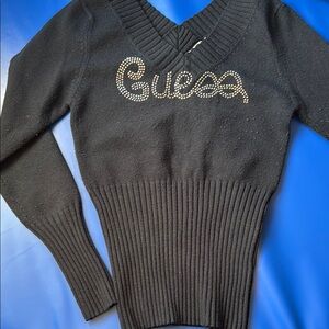 Guess Black V-Neck Sweater with Logo